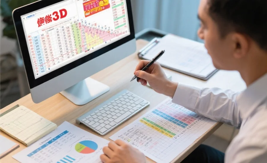 一位理性分析师正在用笔和电脑认真研究福彩3D走势图,桌上摆放着详细的数据表格和分析笔记