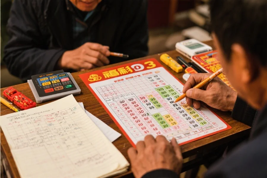 彩民正在研究福彩3D走势图和号码分析笔记,桌上有数据报表和分析工具
